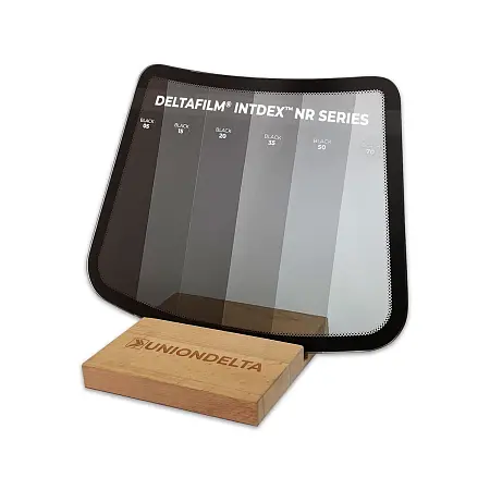 Модель лобового стекла с образцами тонировочных пленок DELTAFILM INTDEX NR, на деревянной подставке
